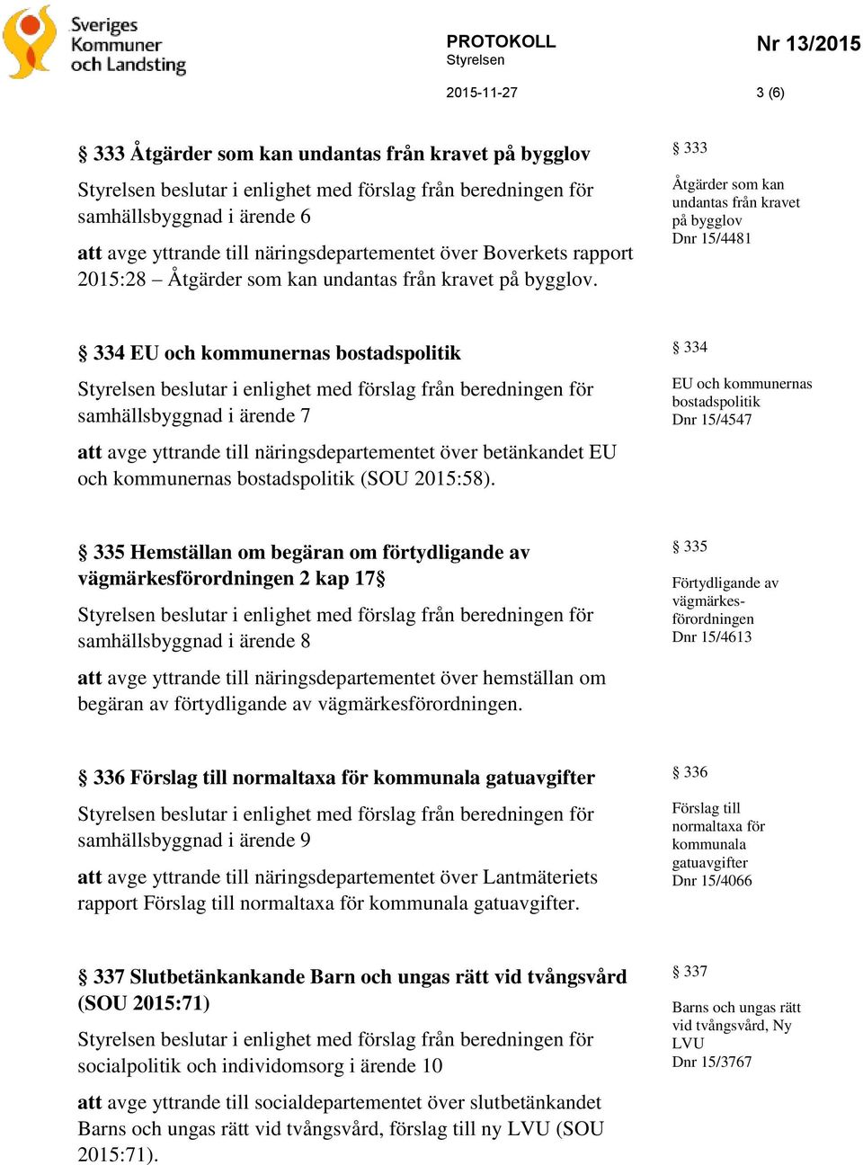 333 Åtgärder som kan undantas från kravet på bygglov Dnr 15/4481 334 EU och kommunernas bostadspolitik beslutar i enlighet med förslag från beredningen för samhällsbyggnad i ärende 7 att avge