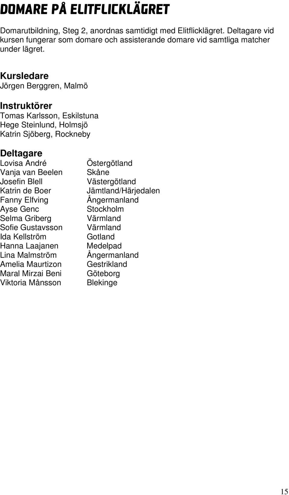 Kursledare Jörgen Berggren, Malmö Instruktörer Tomas Karlsson, Eskilstuna Hege Steinlund, Holmsjö Katrin Sjöberg, Rockneby Deltagare Lovisa André Vanja van Beelen Josefin
