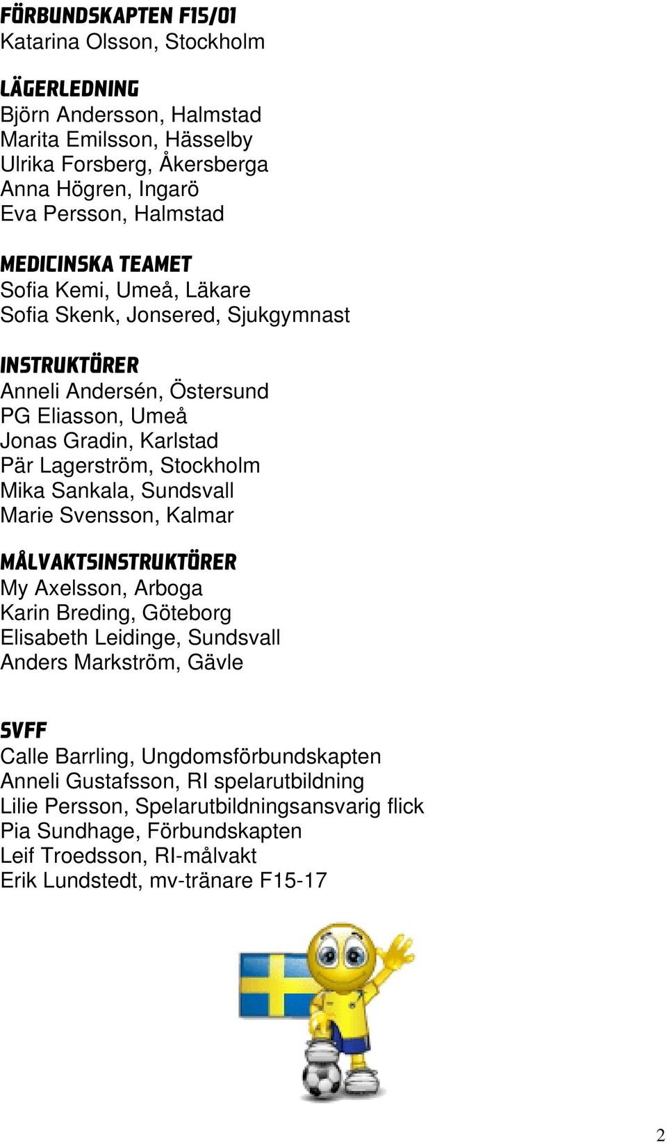 Mika Sankala, Sundsvall Marie Svensson, Kalmar Målvaktsinstruktörer My Axelsson, Arboga Karin Breding, Göteborg Elisabeth Leidinge, Sundsvall Anders Markström, Gävle svff Calle Barrling,