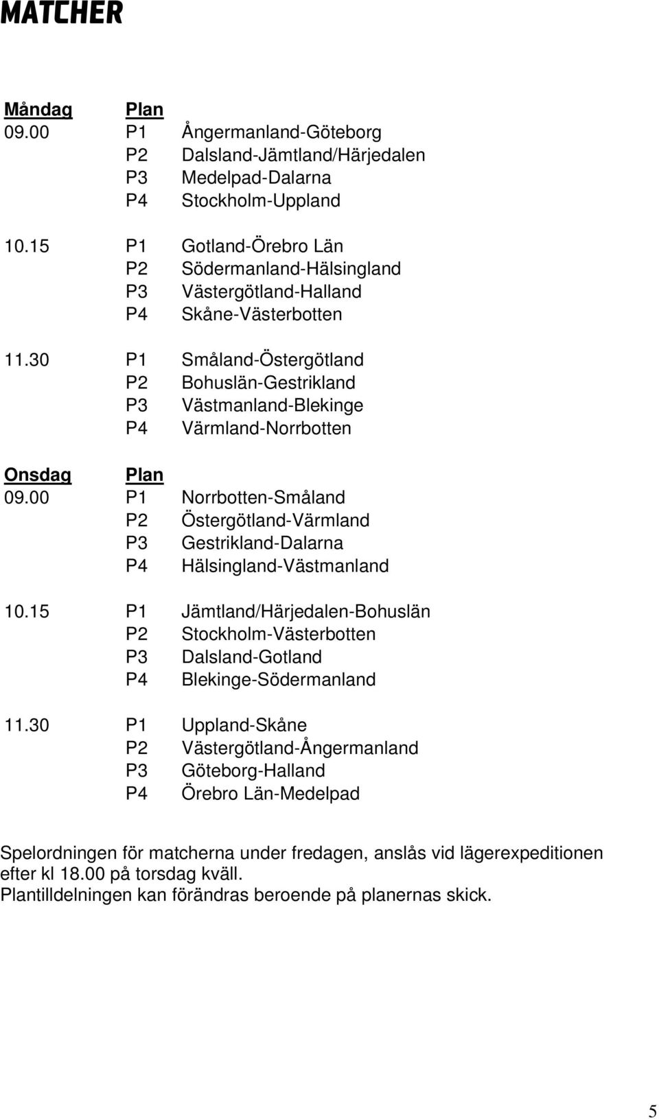 30 P1 Småland-Östergötland P2 Bohuslän-Gestrikland P3 Västmanland-Blekinge P4 Värmland-Norrbotten Onsdag Plan 09.