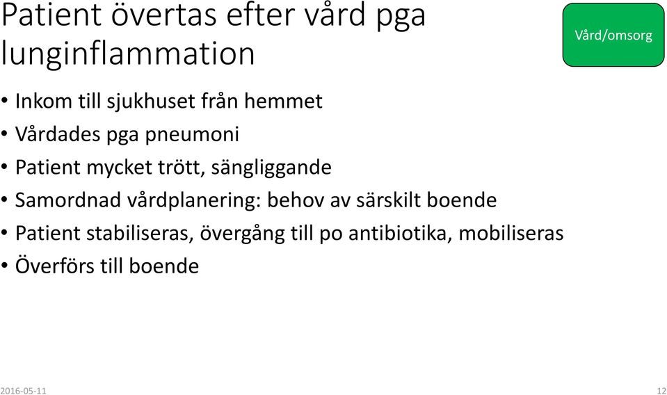 sängliggande Samordnad vårdplanering: behov av särskilt boende Patient