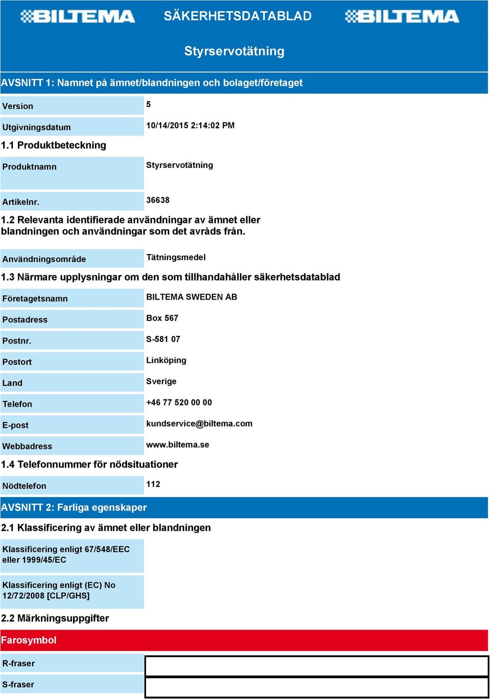 Användningsområde Tätningsmedel 1.3 Närmare upplysningar om den som tillhandahåller säkerhetsdatablad Företagetsnamn BILTEMA SWEDEN AB Postadress Box 567 Postnr.