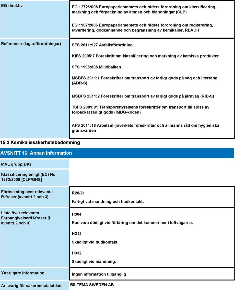 kemiska produkter SFS 1998:808 Miljöbalken MSBFS 2011:1 Föreskrifter om transport av farligt gods på väg och i terräng (ADR-S) MSBFS 2011:2 Föreskrifter om transport av farligt gods på järnväg
