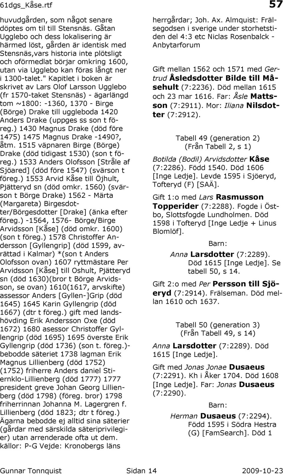 " Kapitlet i boken är skrivet av Lars Olof Larsson Ugglebo (fr 1570-taket Stensnäs) - ägarlängd tom ~1800: -1360, 1370 - Birge (Börge) Drake till uggleboda 1420 Anders Drake (uppges ss son t föreg.