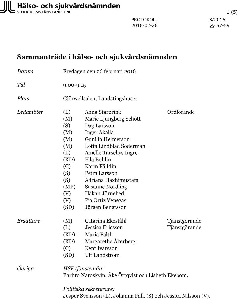 Amelie Tarschys Ingre (KD) Ella Bohlin (C) Karin Fälldin (S) Petra Larsson (S) Adriana Haxhimustafa (MP) Susanne Nordling (V) Håkan Jörnehed (V) Pia Ortiz Venegas (SD) Jörgen Bengtsson Ersättare (M)