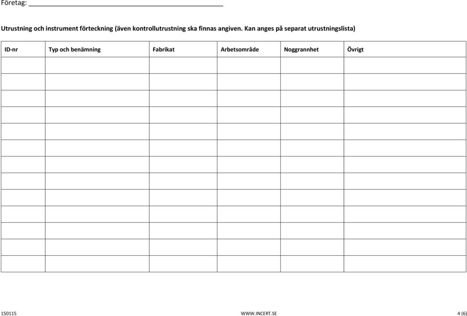 Kan anges på separat utrustningslista) ID-nr Typ och