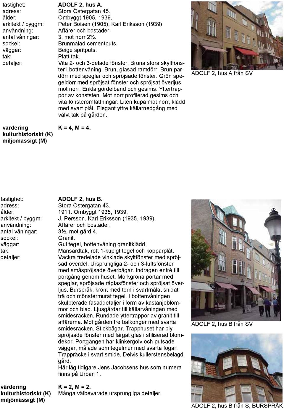 Grön spegeldörr med spröjsat fönster och spröjsat överljus mot norr. Enkla gördelband och gesims. Yttertrappor av konststen. Mot norr profilerad gesims och vita fönsteromfattningar.