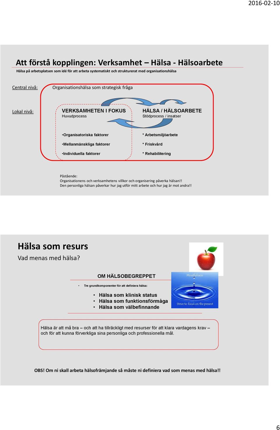 Friskvård * Rehabilitering Påstående: Organisationens och verksamhetens villkor och organisering påverka hälsan!! Den personliga hälsan påverkar hur jag utför mitt arbete och hur jag är mot andra!