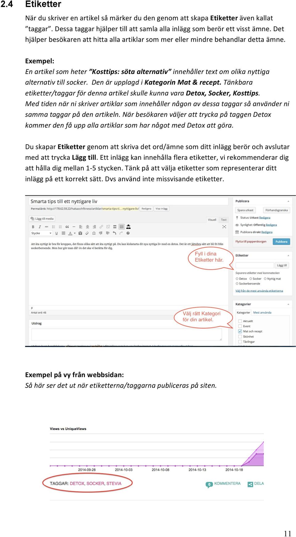 Exempel: En artikel som heter Kosttips: söta alternativ innehåller text om olika nyttiga alternativ till socker. Den är upplagd i Kategorin Mat & recept.