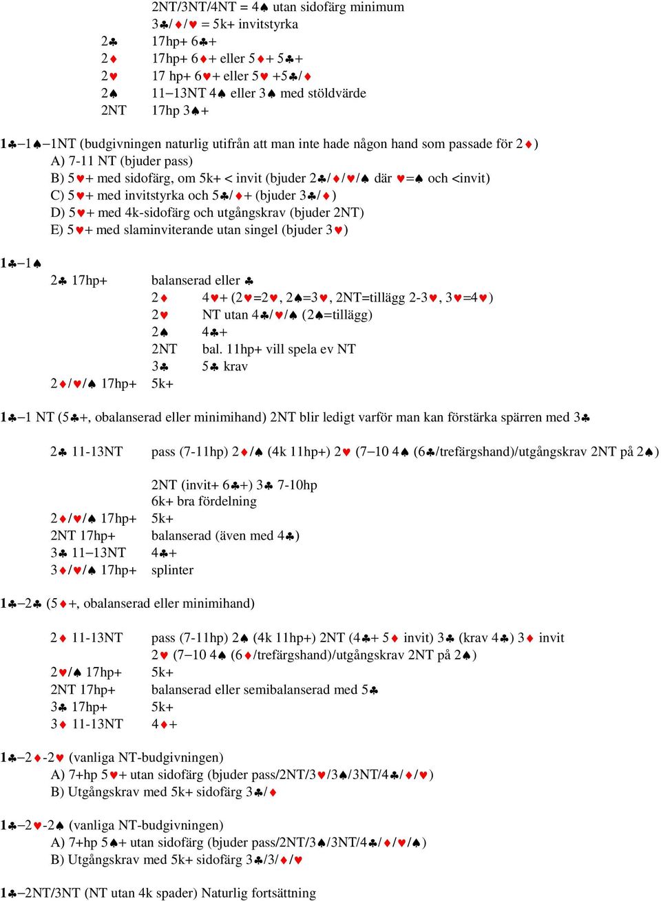 (bjuder 3 / ) D) 5 + med 4k-sidofärg och utgångskrav (bjuder 2NT) E) 5 + med slaminviterande utan singel (bjuder 3 ) 1 1 2 17hp+ balanserad eller 2 4 + (2 =2, 2 =3, 2NT=tillägg 2-3, 3 =4 ) 2 NT utan