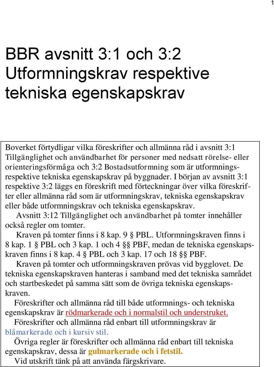 I början av avsnitt 3:1 respektive 3:2 läggs en föreskrift med förteckningar över vilka föreskrifter eller allmänna råd som är utformningskrav, tekniska egenskapskrav eller både utformningskrav och