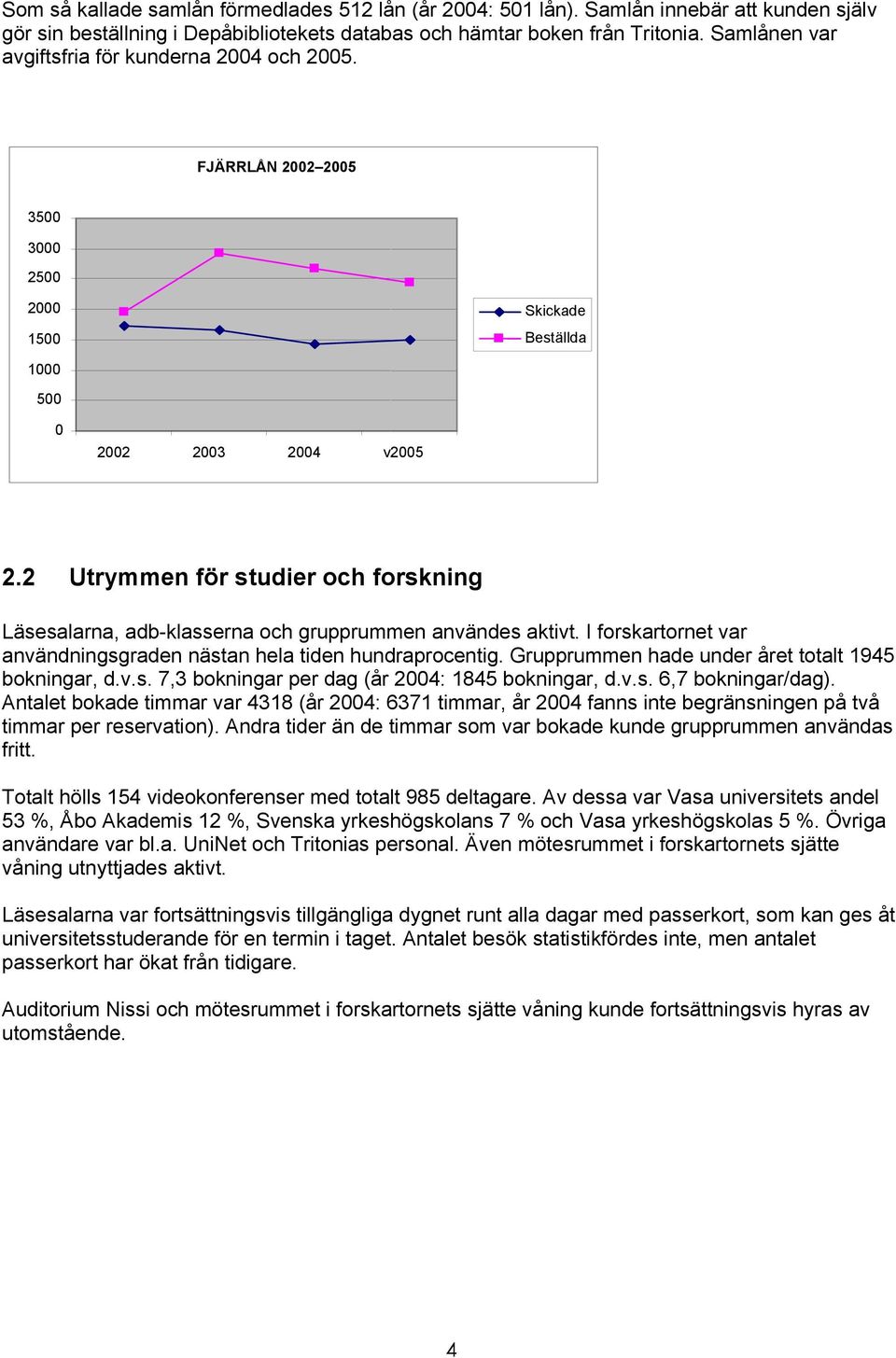 2 Utrymmen för studier och forskning Läsesalarna, adb-klasserna och grupprummen användes aktivt. I forskartornet var användningsgraden nästan hela tiden hundraprocentig.