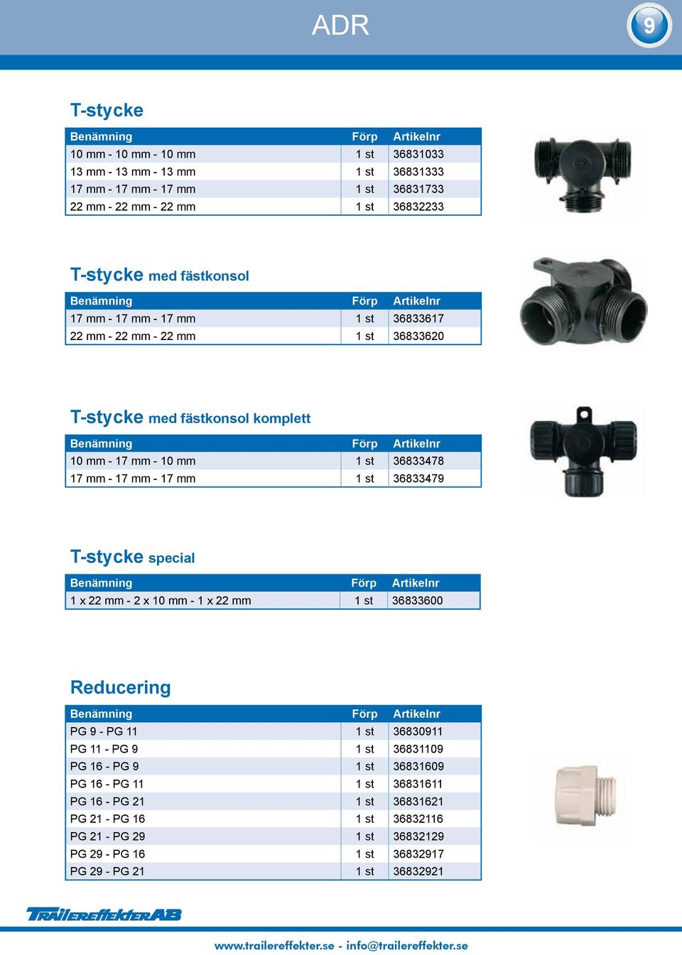 - 17 mm 1 st 36833479 T-stycke special 1 x 22 mm - 2 x 10 mm - 1 x 22 mm 1 st 36833600 Reducering PG 9 - PG 11 1 st 36830911 PG 11 - PG 9 1 st 36831109 PG 16 - PG 9 1 st