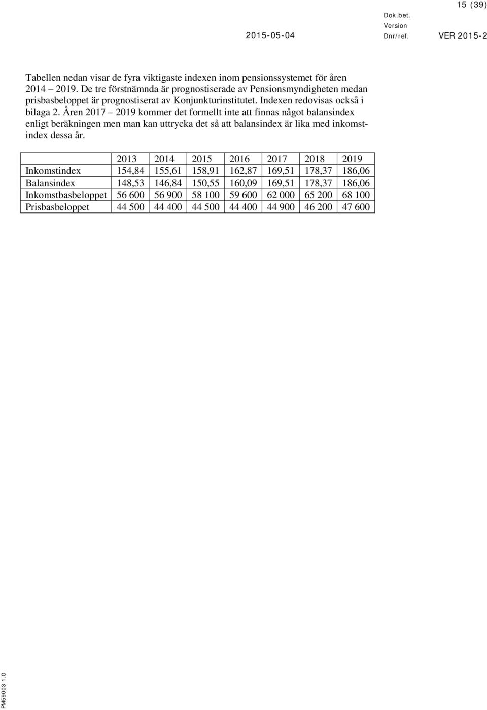 Åren 2017 2019 kommer det formellt inte att finnas något balansindex enligt beräkningen men man kan uttrycka det så att balansindex är lika med inkomstindex dessa år.