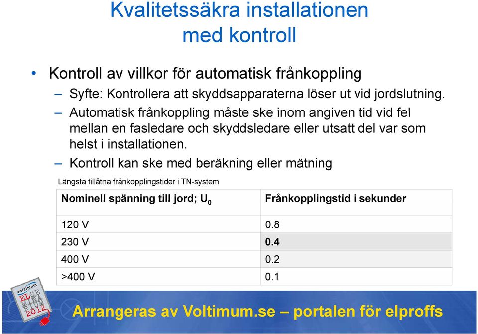 Automatisk frånkoppling måste ske inom angiven tid vid fel mellan en fasledare och skyddsledare eller utsatt del