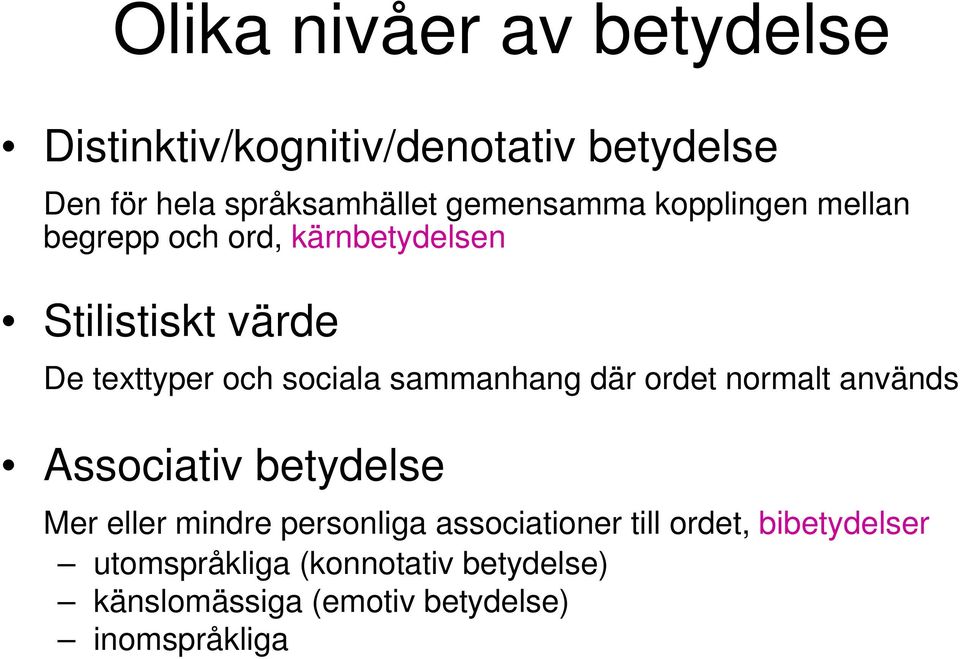 sociala sammanhang där ordet normalt används Associativ betydelse Mer eller mindre personliga