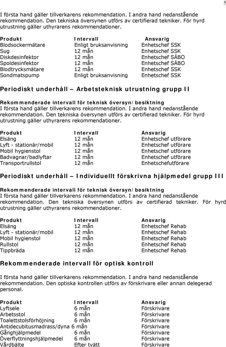 Sondmatspump Enligt bruksanvisning Enhetschef SSK Periodiskt underhåll Arbetsteknisk utrustning grupp II Rekommenderade intervall för teknisk översyn/besiktning rekommendation.