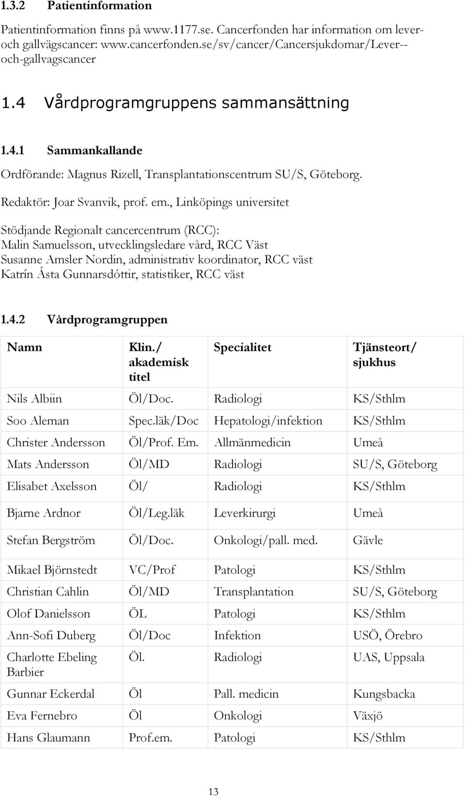 , Linköpings universitet Stödjande Regionalt cancercentrum (RCC): Malin Samuelsson, utvecklingsledare vård, RCC Väst Susanne Amsler Nordin, administrativ koordinator, RCC väst Katrín Ásta