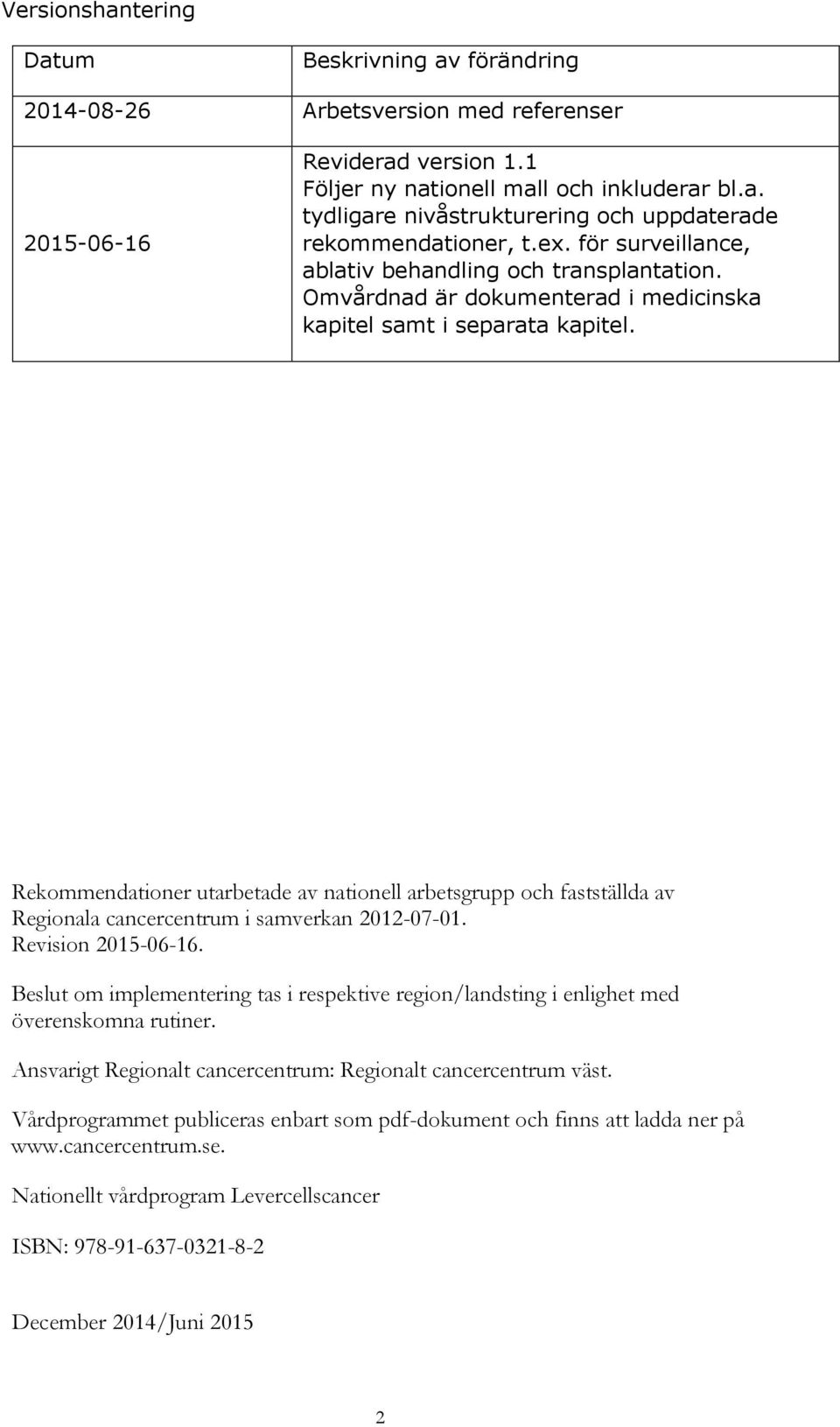 Rekommendationer utarbetade av nationell arbetsgrupp och fastställda av Regionala cancercentrum i samverkan 2012-07-01. Revision 2015-06-16.