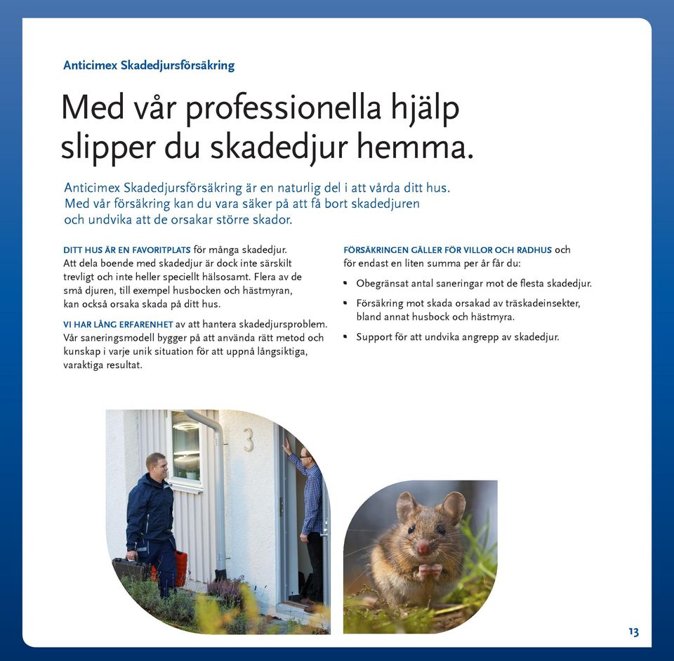 Att dela boende med skadedjur är dock inte särskilt trevligt och inte heller speciellt hälsosamt. Flera av de små djuren, till exempel husbocken och hästmyran, kan också orsaka skada på ditt hus.