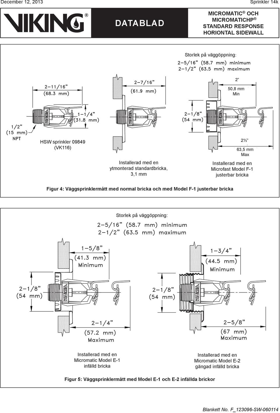 Väggsprinklermått med normal bricka och med Model F-1 justerbar bricka Storlek på väggöppning: Installerad med en Micromatic