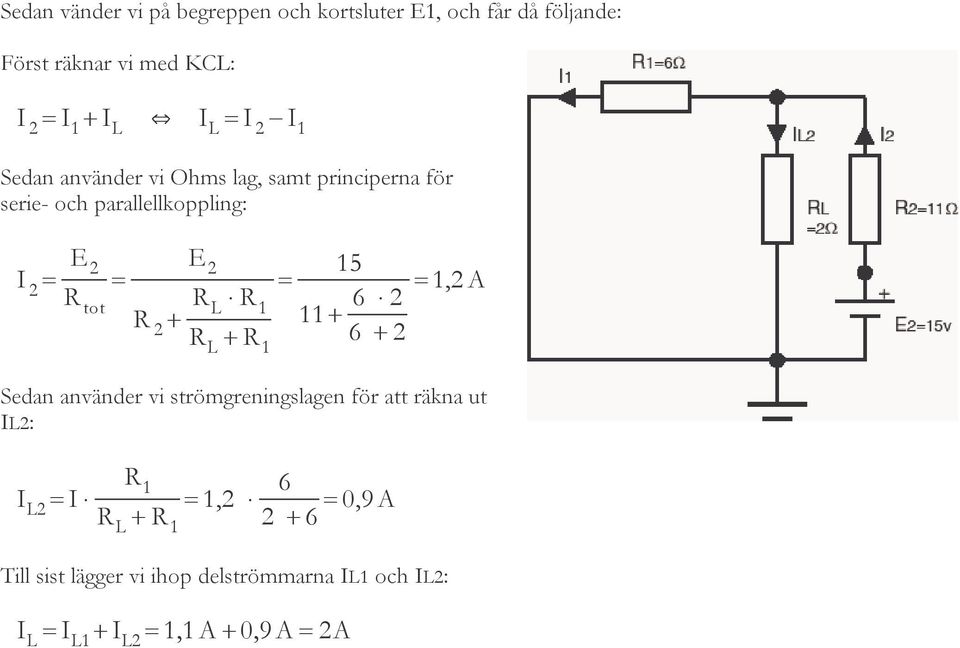tot R R L R = 1 2 11 6 2 =1,2 A R L R 1 6 2 Sedan använder vi strömgreningslagen för att räkna ut IL2: I L2 =I