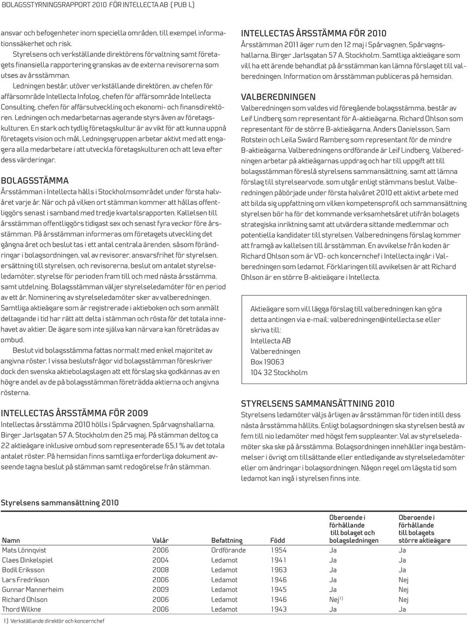 Ledningen består, utöver verkställande direktören, av chefen för affärsområde Intellecta Infolog, chefen för affärsområde Intellecta Consulting, chefen för affärsutveckling och ekonomi- och