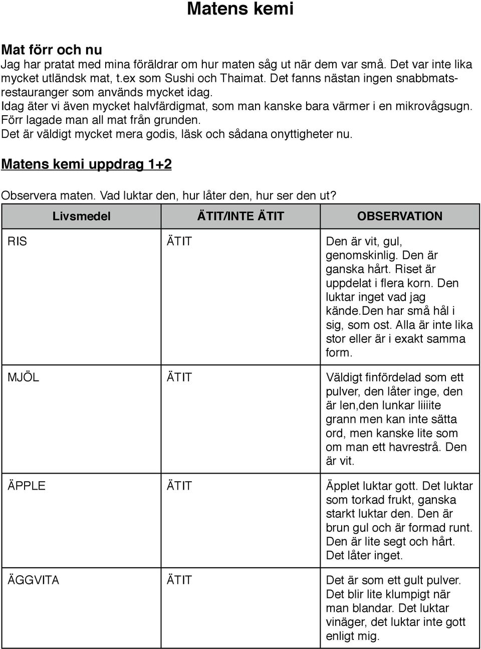 Det är väldigt mycket mera godis, läsk och sådana onyttigheter nu. Matens kemi uppdrag 1+2 Observera maten. Vad luktar den, hur låter den, hur ser den ut?