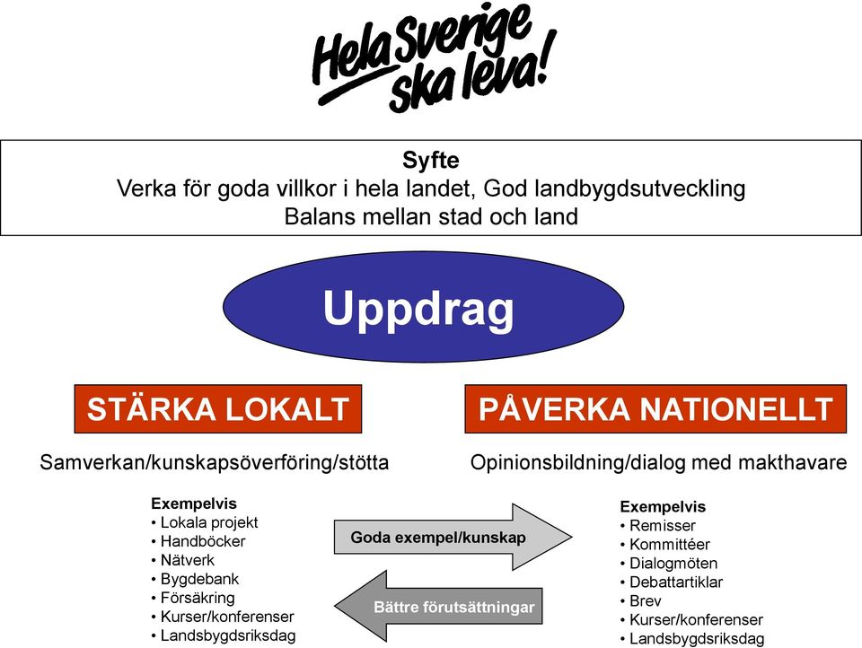 Lokala projekt Handböcker Nätverk Bygdebank Försäkring Kurser/konferenser Landsbygdsriksdag Goda exempel/kunskap