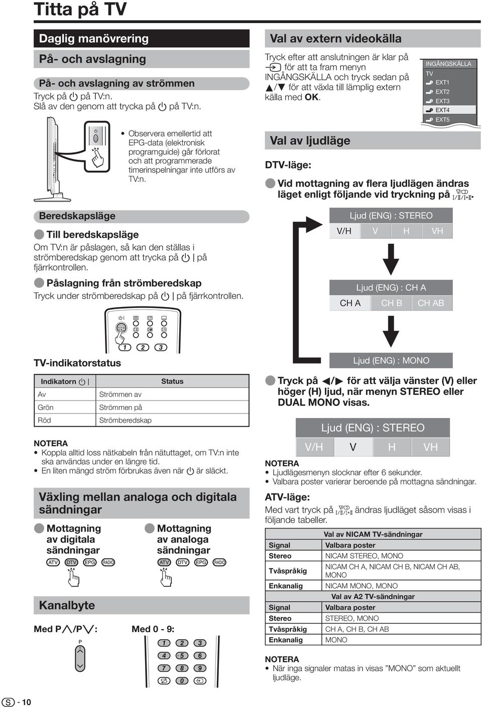 INGÅNGSKÄLLA TV EXT EXT EXT EXT4 EXT5 Observera emellertid att EPG-data (elektronisk programguide) går förlorat och att programmerade timerinspelningar inte utförs av TV:n.