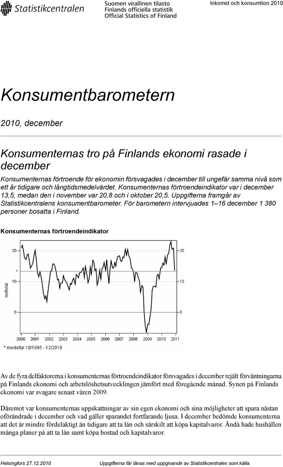 Uppgifterna framgår av Statistikcentralens konsumentbarometer. För barometern intervjuades 1 16 december 1 380 personer bosatta i Finland.