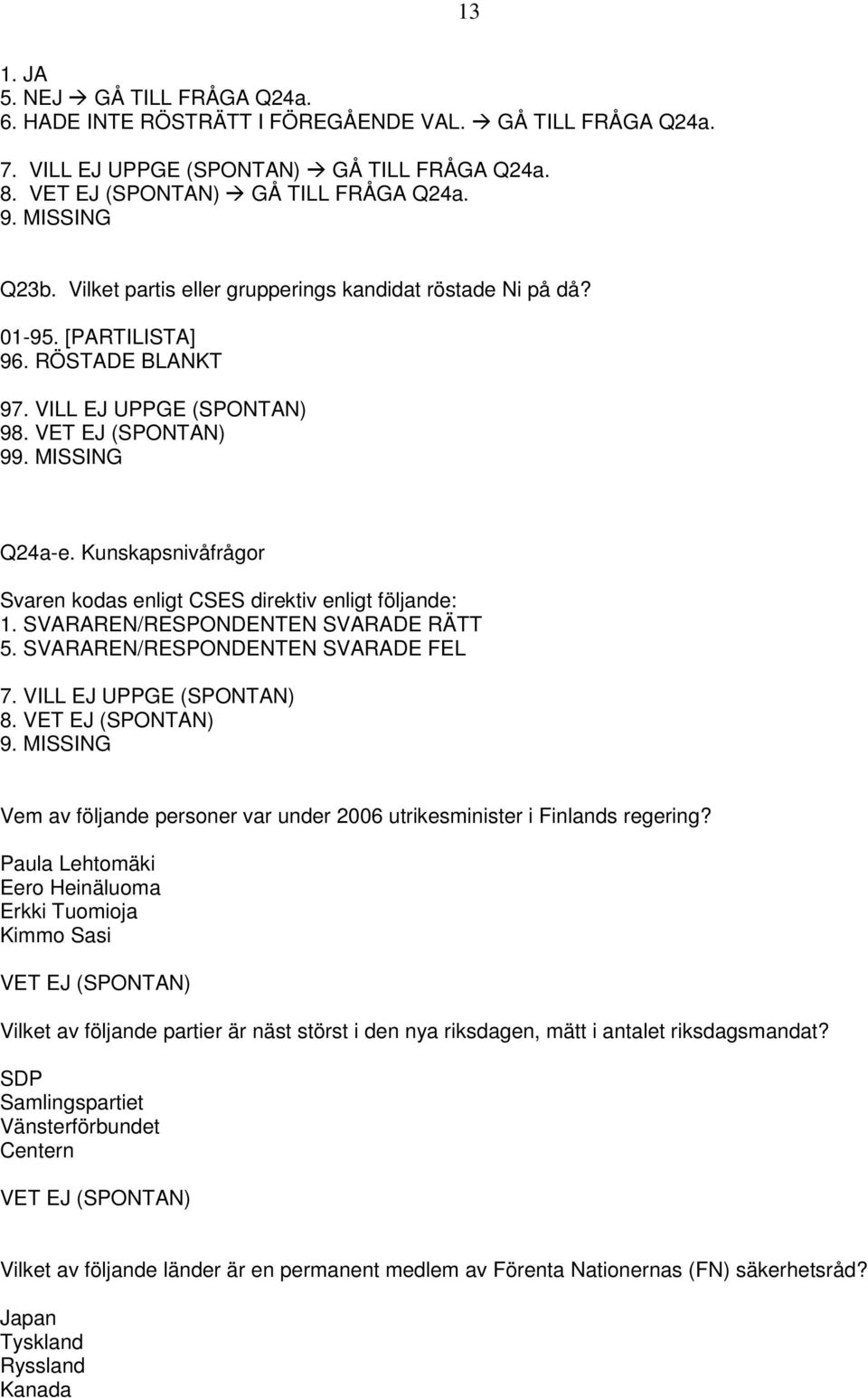 Kunskapsnivåfrågor Svaren kodas enligt CSES direktiv enligt följande: 1. SVARAREN/RESPONDENTEN SVARADE RÄTT 5. SVARAREN/RESPONDENTEN SVARADE FEL 7.