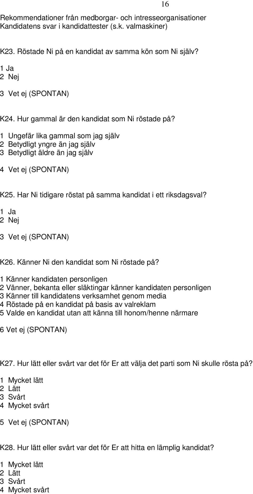 1 Ungefär lika gammal som jag själv 2 Betydligt yngre än jag själv 3 Betydligt äldre än jag själv 4 Vet ej (SPONTAN) K25. Har Ni tidigare röstat på samma kandidat i ett riksdagsval?
