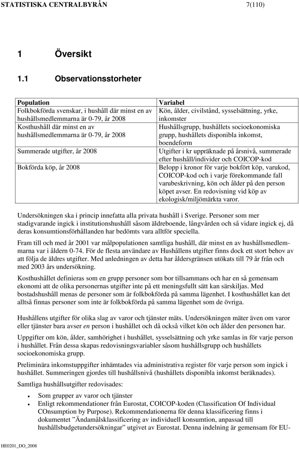 utgifter, år 2008 Bokförda köp, år 2008 Variabel Kön, ålder, civilstånd, sysselsättning, yrke, inkomster Hushållsgrupp, hushållets socioekonomiska grupp, hushållets disponibla inkomst, boendeform