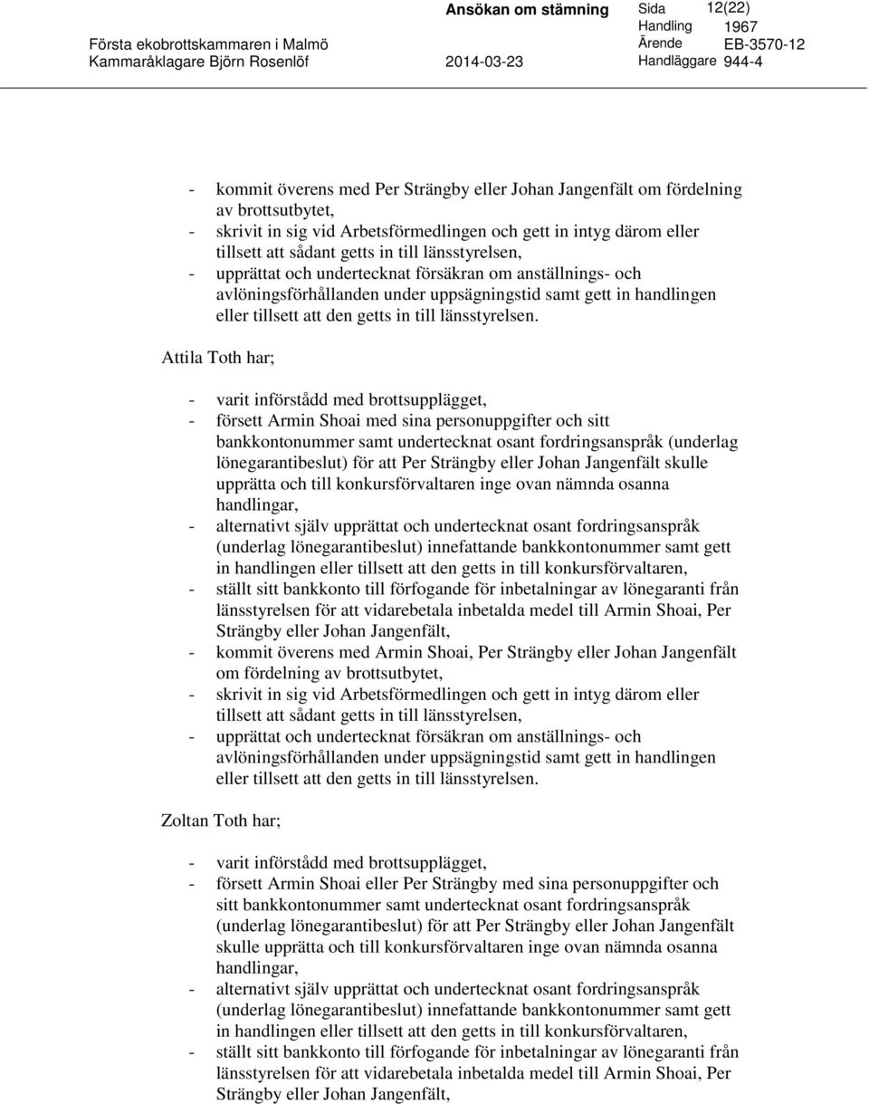 Attila Toth har; - varit införstådd med brottsupplägget, - försett Armin Shoai med sina personuppgifter och sitt bankkontonummer samt undertecknat osant fordringsanspråk (underlag lönegarantibeslut)