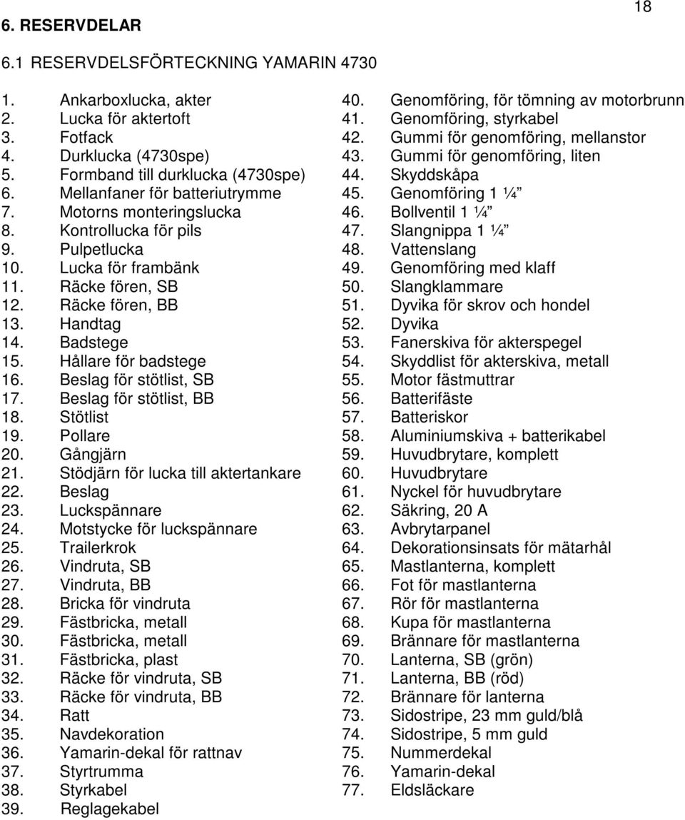 Motorns monteringslucka 46. Bollventil 1 ¼ 8. Kontrollucka för pils 47. Slangnippa 1 ¼ 9. Pulpetlucka 48. Vattenslang 10. Lucka för frambänk 49. Genomföring med klaff 11. Räcke fören, SB 50.