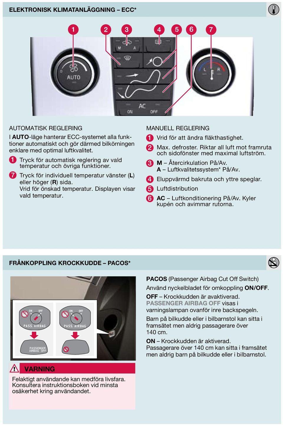 Displayen visar vald temperatur. MANUELL REGLERING 1 Vrid för att ändra fläkthastighet. 2 Max. defroster. Riktar all luft mot framruta och sidofönster med maximal luftström. 3 M Återcirkulation På/Av.