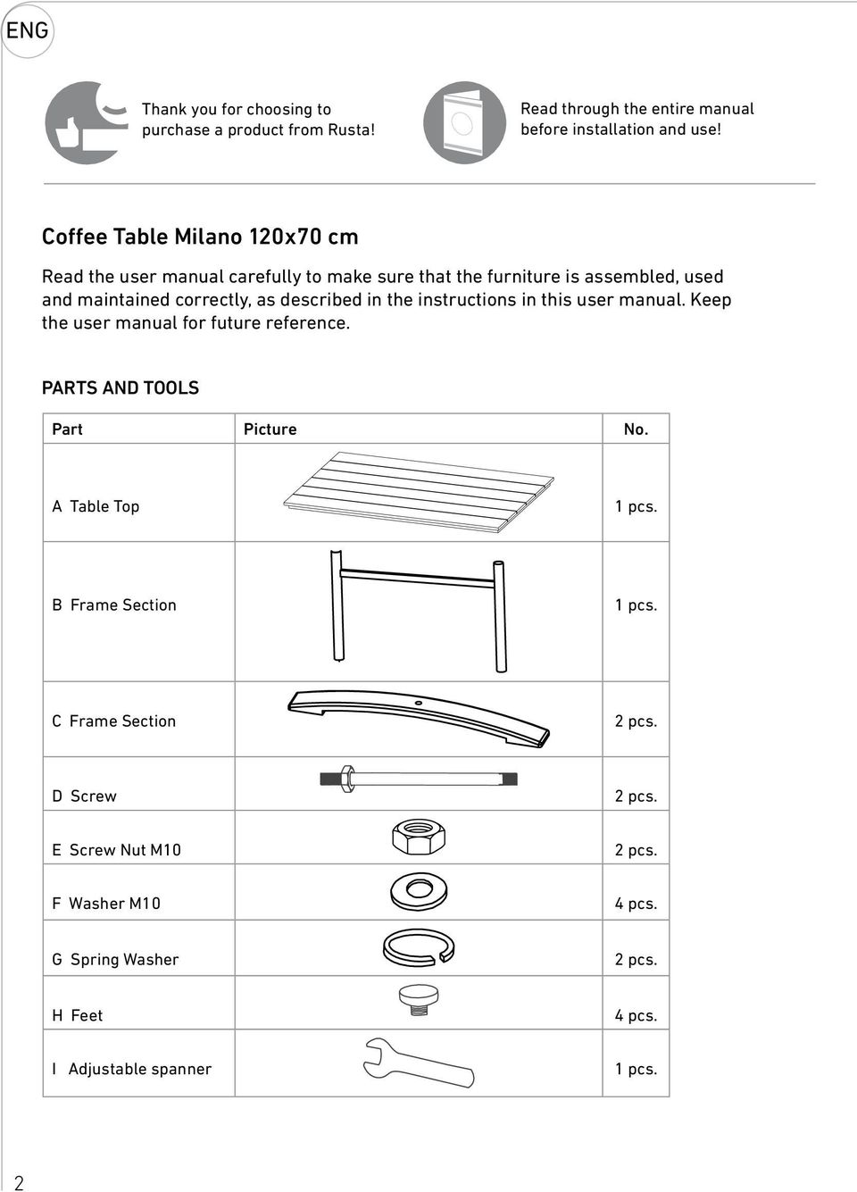 described in the instructions in this user manual. Keep the user manual for future reference. PARTS AND TOOLS Part Picture No. A Table Top 1 pcs.