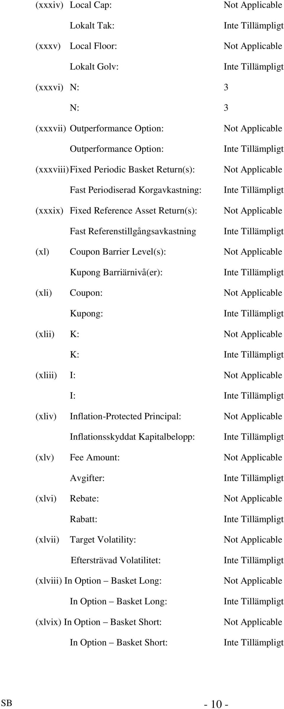 Applicable Kupong Barriärnivå(er): (xli) Coupon: Not Applicable Kupong: (xlii) K: Not Applicable K: (xliii) I: Not Applicable I: (xliv) Inflation-Protected Principal: Not Applicable Inflationsskyddat