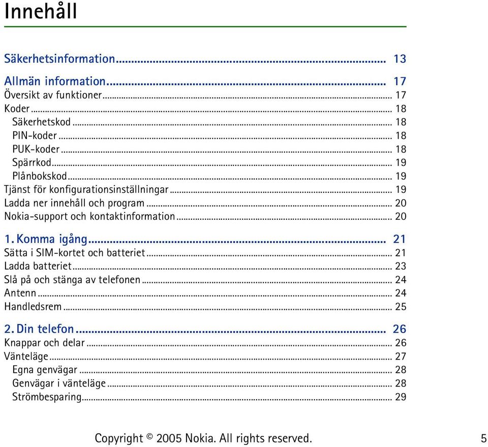 .. 20 Nokia-support och kontaktinformation... 20 1. Komma igång... 21 Sätta i SIM-kortet och batteriet... 21 Ladda batteriet.
