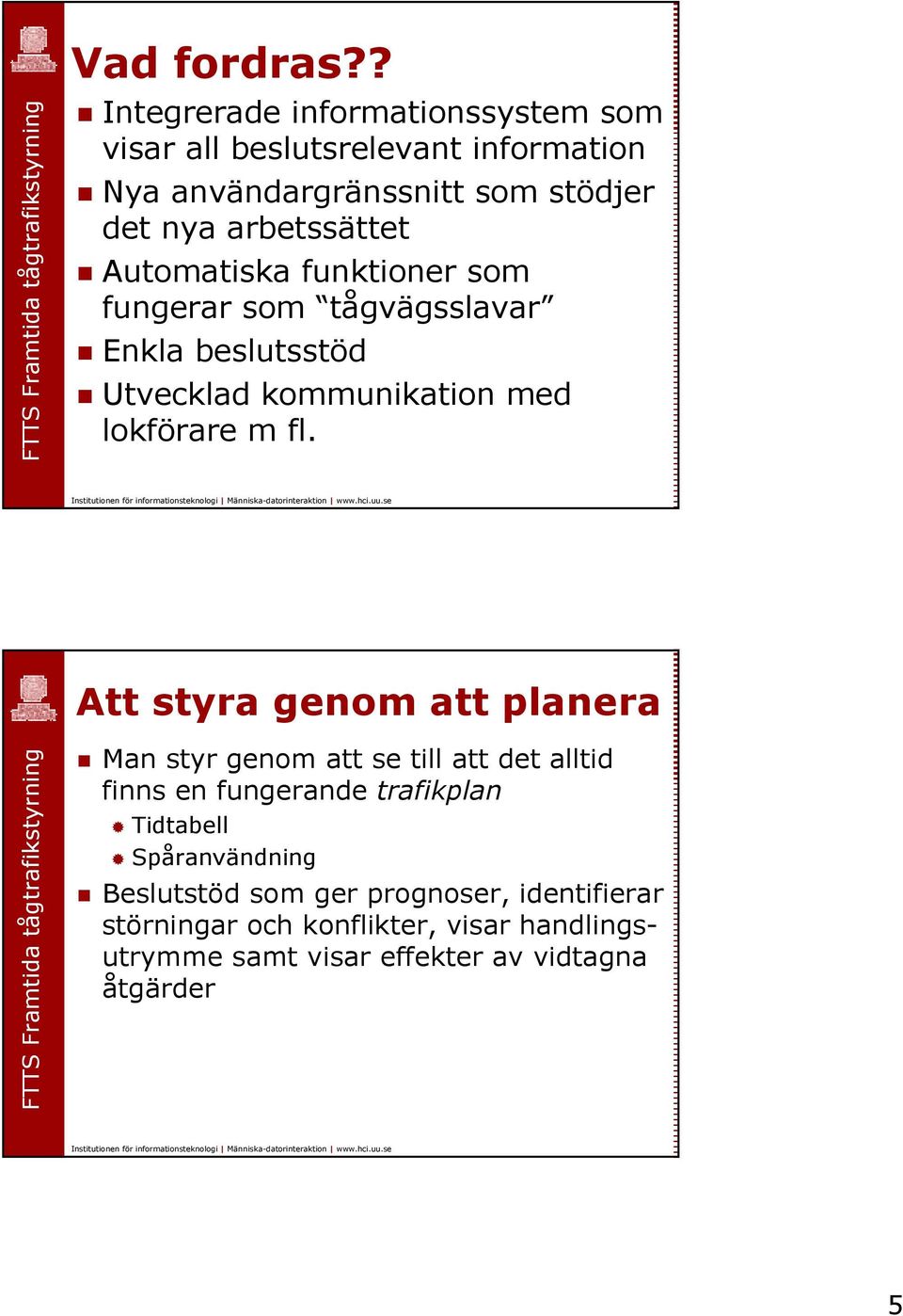 arbetssättet Automatiska funktioner som fungerar som tågvägsslavar Enkla beslutsstöd Utvecklad kommunikation med lokförare m fl.