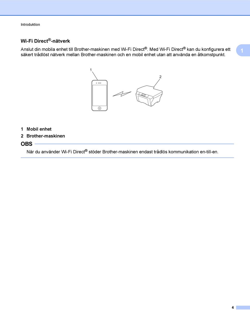 Med Wi-Fi Direct kan du konfigurera ett säkert trådlöst nätverk mellan Brother-maskinen