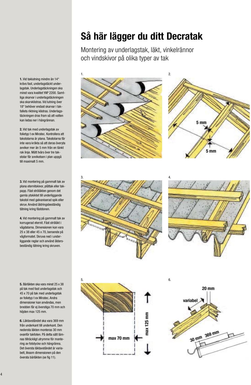 Underlagstäckningen dras fram så att vatten kan ledas ner i hängrännan. 2. Vid tak med underlagstak av folietyp t ex Miratec. Kontrollera att takstolarna är plana.