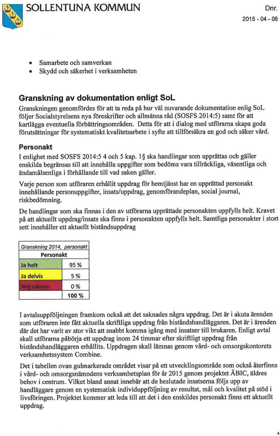 Detta för att i dialog med utförarna skapa goda förutsättningar för systematiskt kvalitetsarbete i syfte att tillförsäkra en god och säker vård. Personakt I enlighet med SOSFS 2014:5 4 och 5 kap.