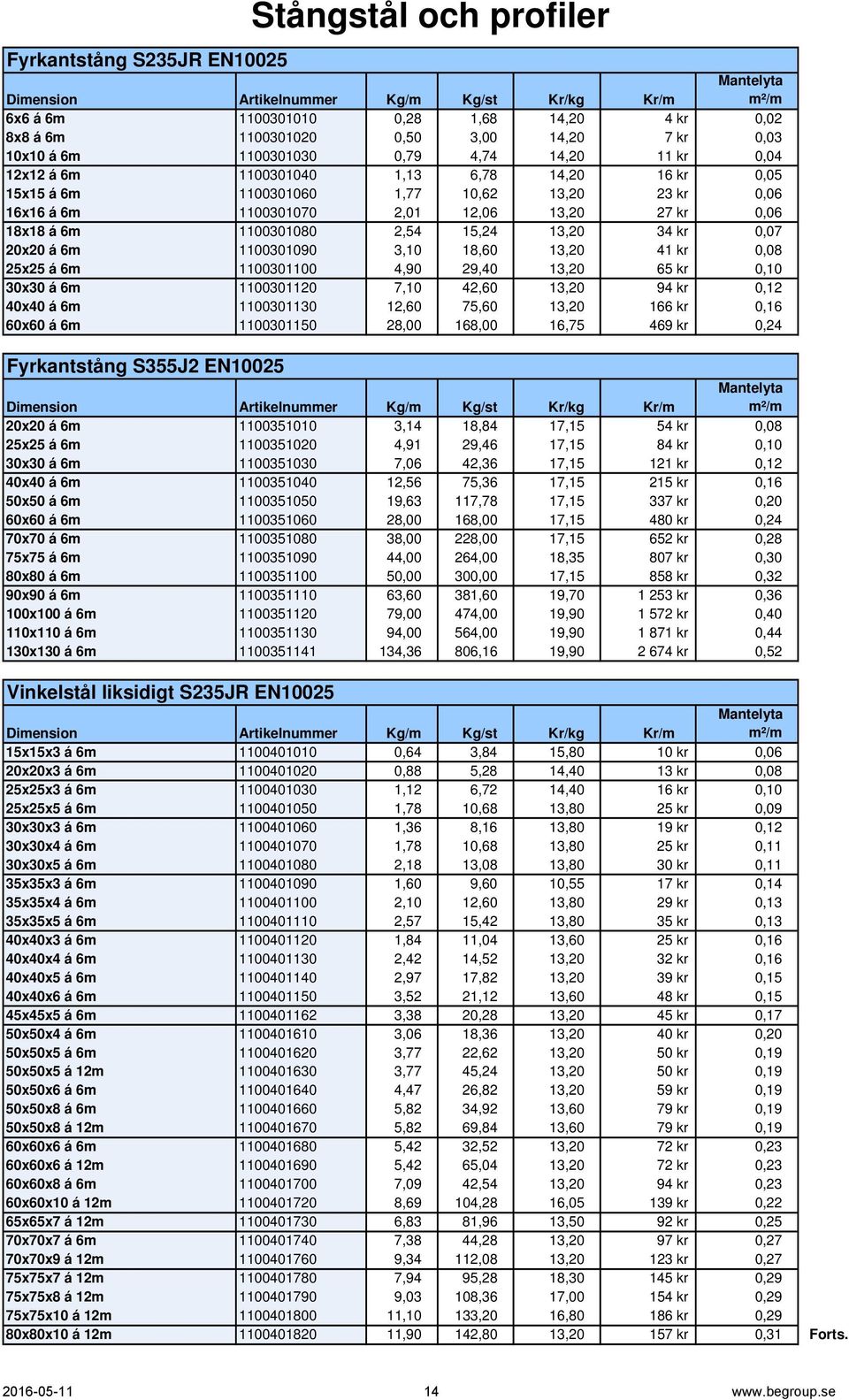 0,06 18x18 á 6m 1100301080 2,54 15,24 13,20 34 kr 0,07 20x20 á 6m 1100301090 3,10 18,60 13,20 41 kr 0,08 25x25 á 6m 1100301100 4,90 29,40 13,20 65 kr 0,10 30x30 á 6m 1100301120 7,10 42,60 13,20 94 kr