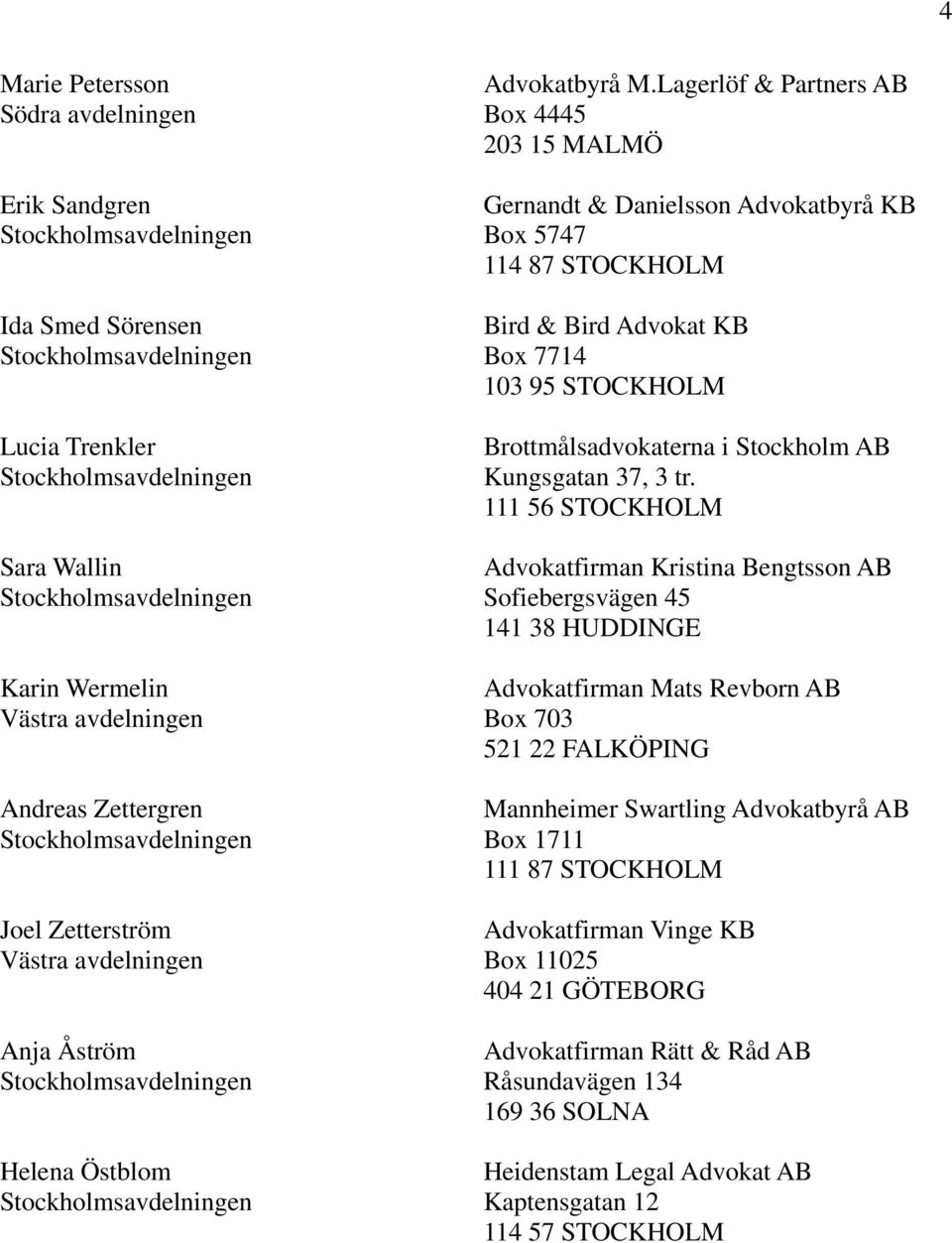 Lagerlöf & Partners AB Box 4445 203 15 MALMÖ Gernandt & Danielsson Advokatbyrå KB Box 5747 114 87 STOCKHOLM Bird & Bird Advokat KB Box 7714 103 95 STOCKHOLM
