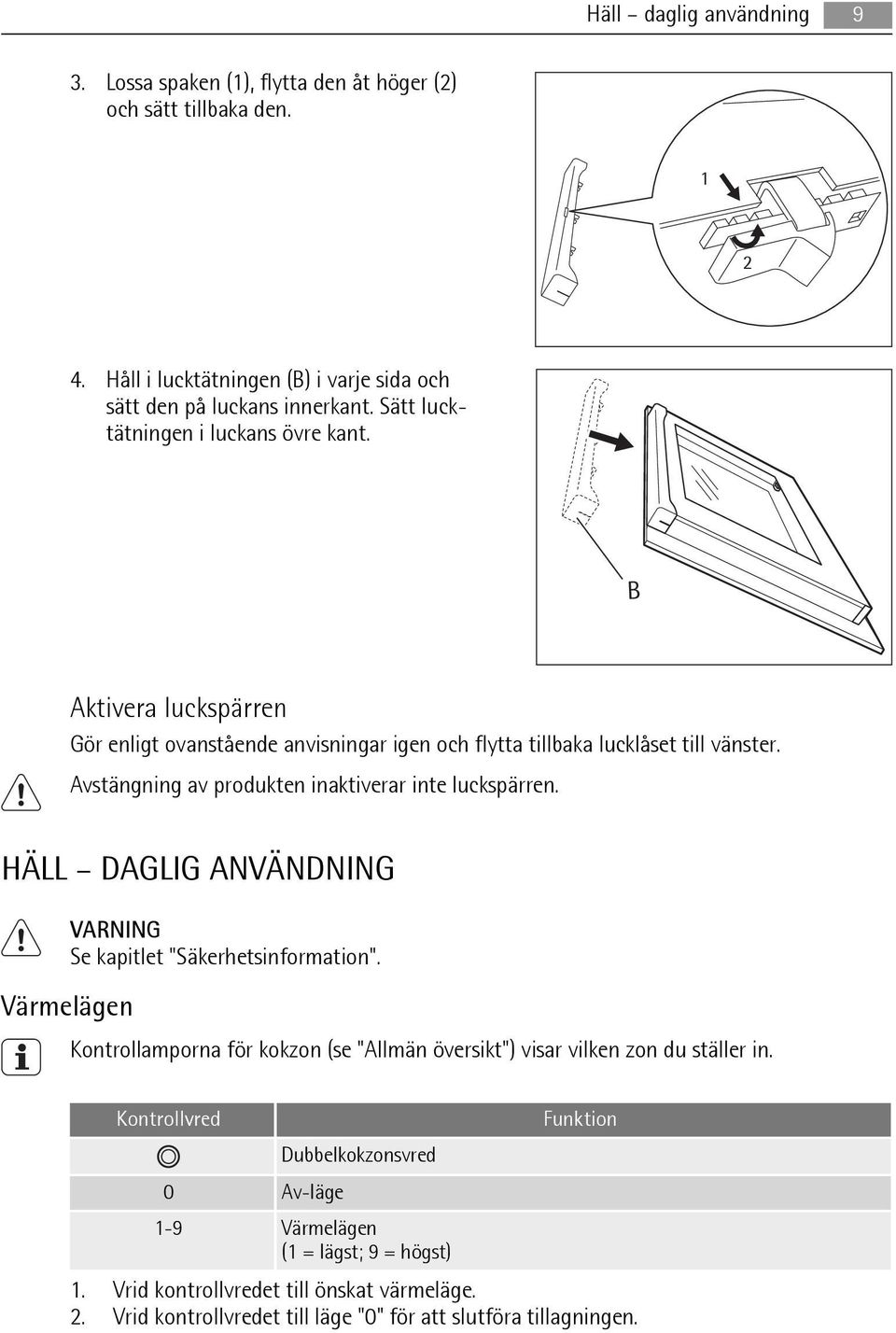 Avstängning av produkten inaktiverar inte luckspärren. HÄLL DAGLIG ANVÄNDNING Se kapitlet "Säkerhetsinformation".