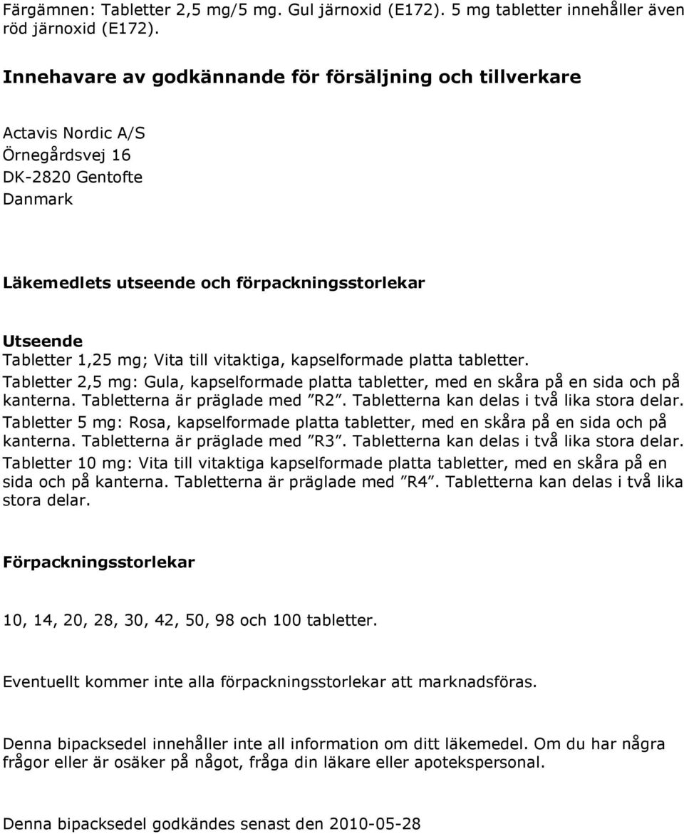 till vitaktiga, kapselformade platta tabletter. Tabletter 2,5 mg: Gula, kapselformade platta tabletter, med en skåra på en sida och på kanterna. Tabletterna är präglade med R2.