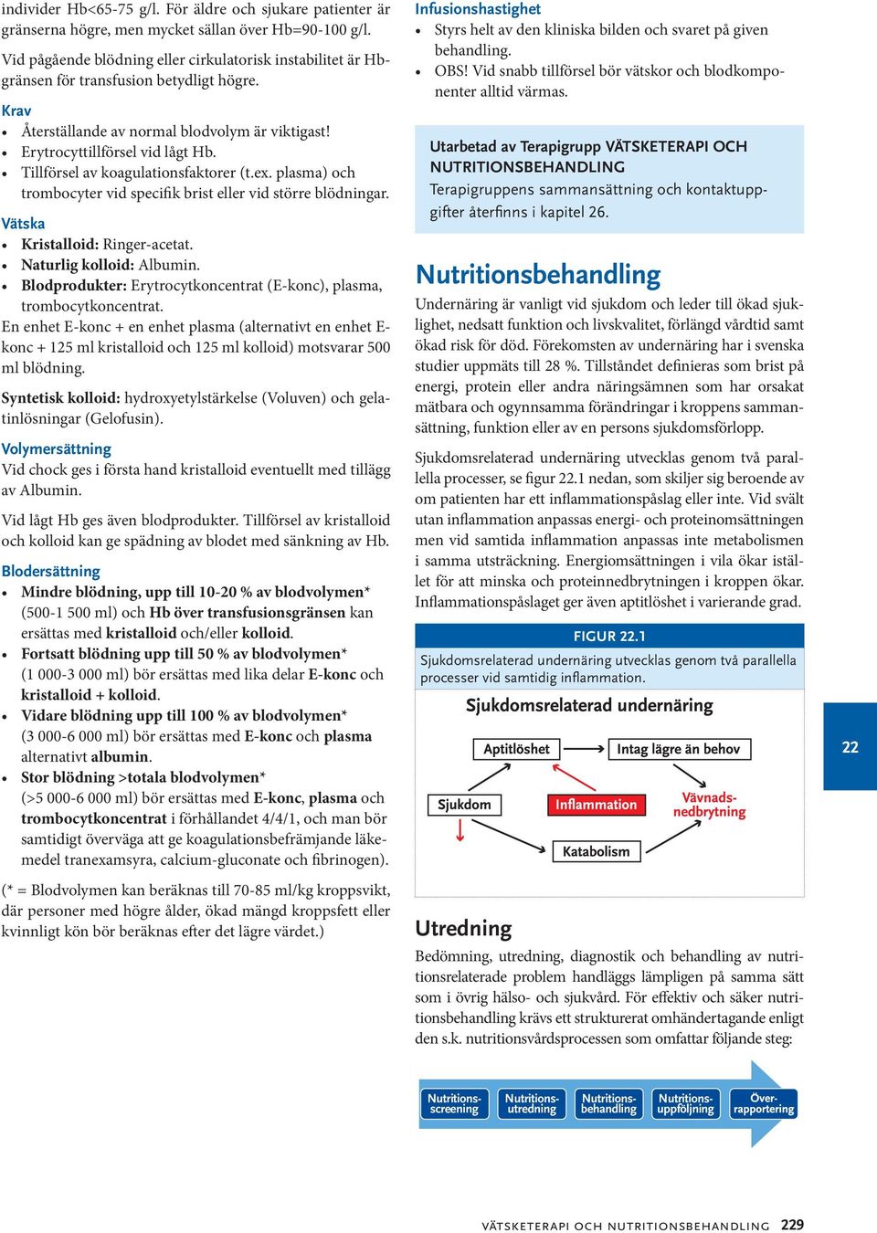 Tillförsel av koagulationsfaktorer (t.ex. plasma) och trombocyter vid specifik brist eller vid större blödningar. Kristalloid: Ringer-acetat. Naturlig kolloid: Albumin.