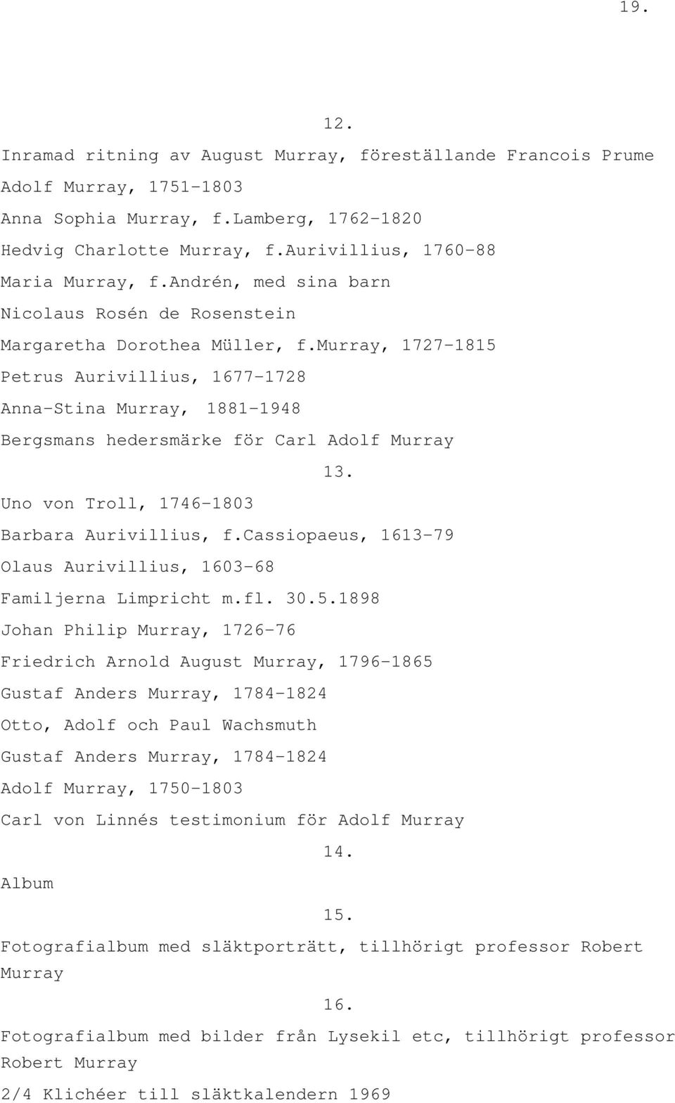 murray, 1727-1815 Petrus Aurivillius, 1677-1728 Anna-Stina Murray, 1881-1948 Bergsmans hedersmärke för Carl Adolf Murray 13. Uno von Troll, 1746-1803 Barbara Aurivillius, f.